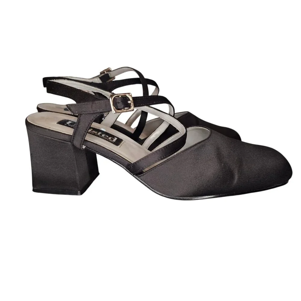 90s Y2K Chunky Heel Square Toe Strappy Mule Black‎ Satin Business Sz 9 2.5